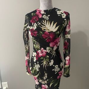 Floral Long-Sleeve Bodycon Dress - Black with Pink Floral